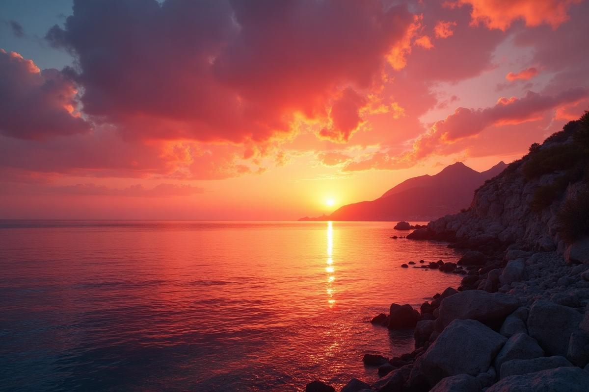 Spectacular sunset over Mallorca Mediterranean sea with dramatic orange and pink sky